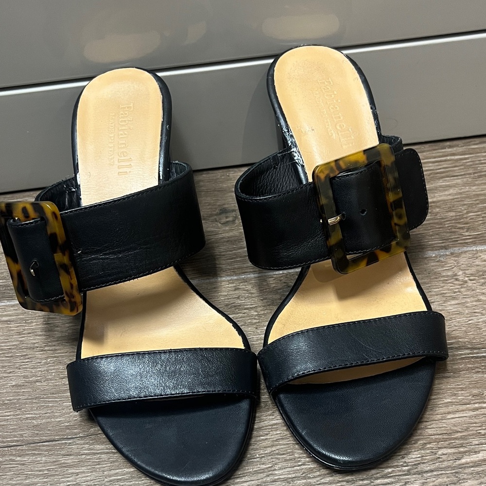 Black Slide Sandals with Tortoiseshell Buckle